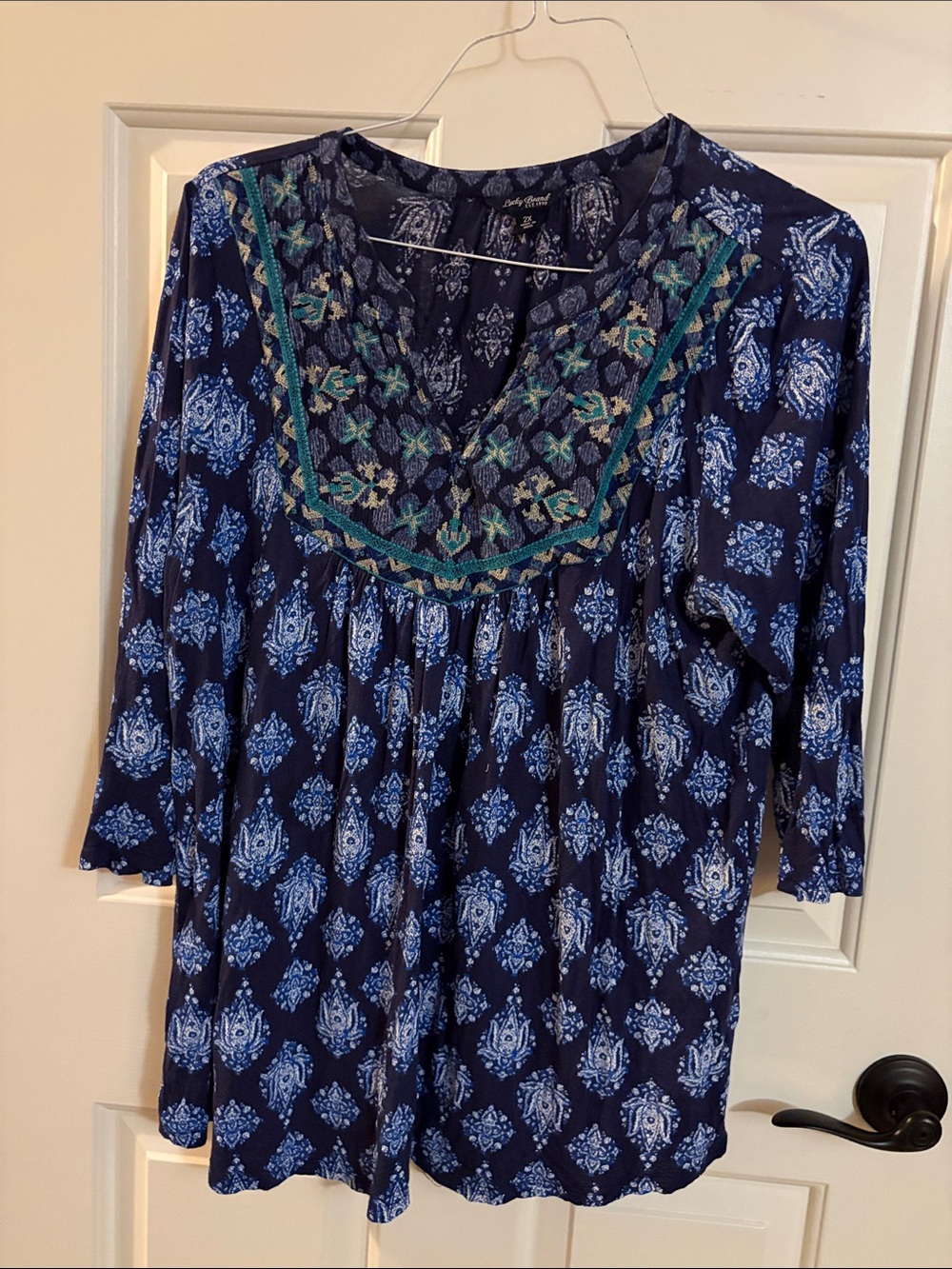 Lucky Brand Navy and Teal Embroidered Tunic
